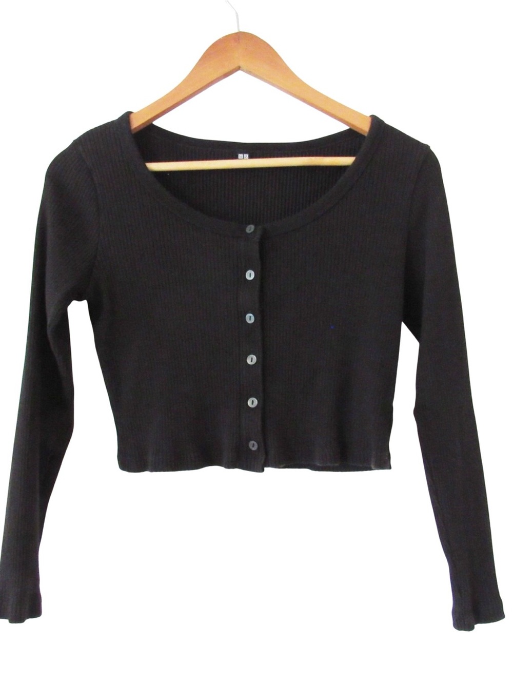 Uniqlo Cotton Ribbed Long Sleeve Cropped Cardigan Large Black Henley 90s Stretch